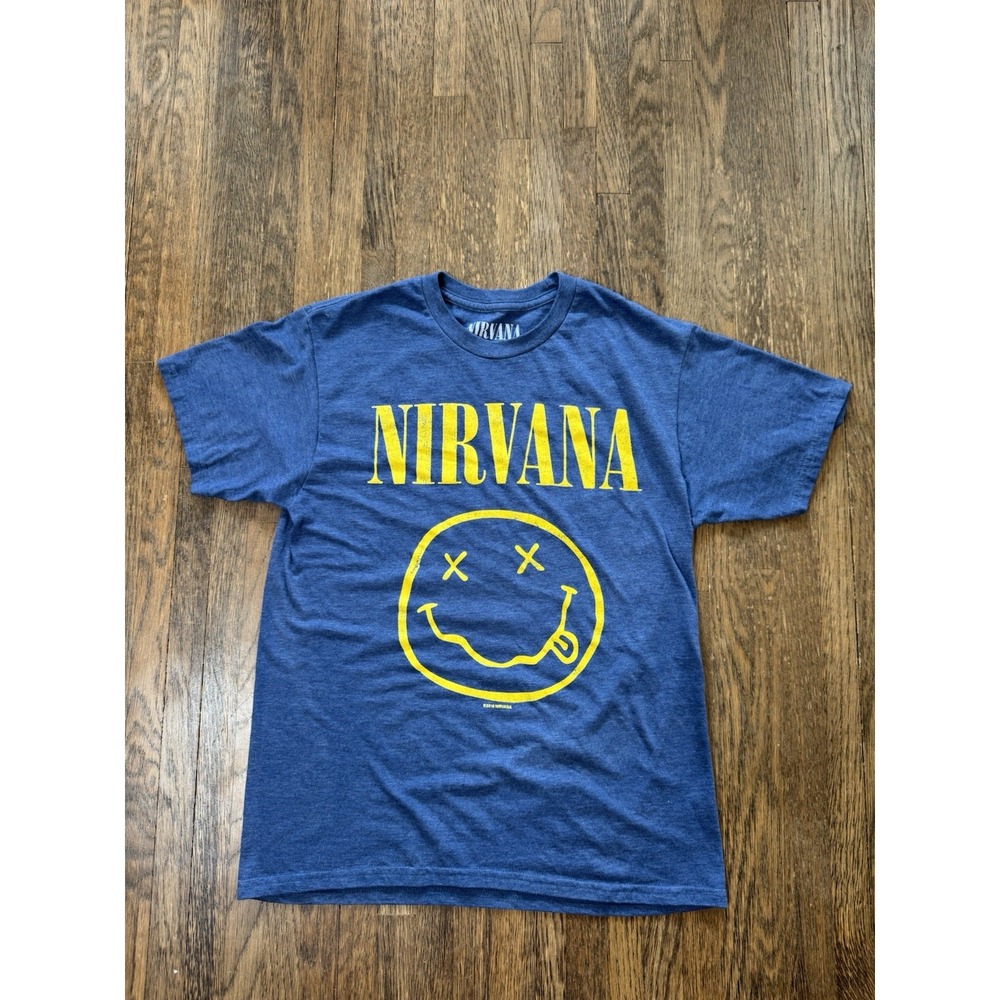Nirvana Smiley Face Logo Graphic Blue T-Shirt Size Medium 2016 Band Tee Grunge